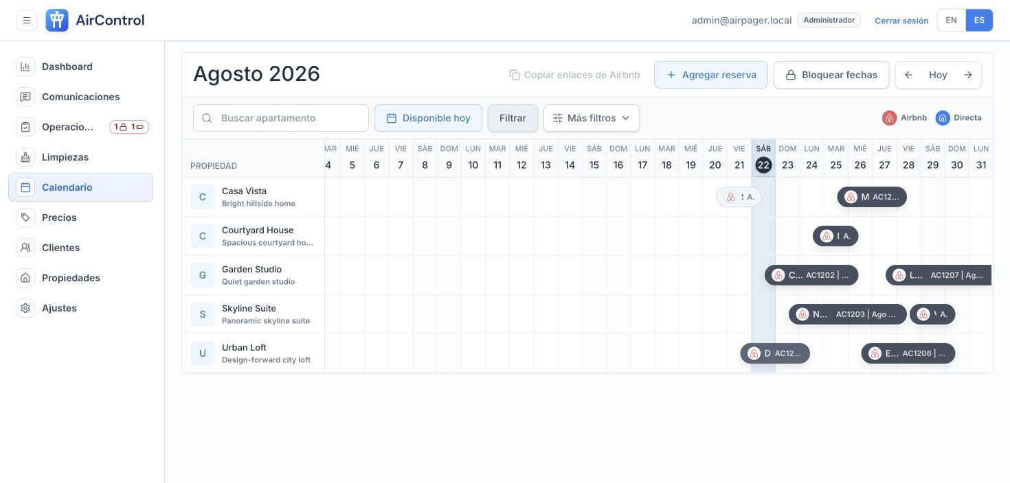 Calendario multipropiedad de AirControl con estancias sintéticas.
