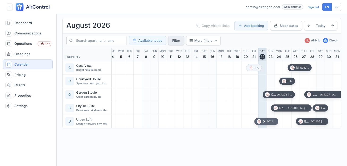 AirControl multi-property reservation calendar populated with synthetic demo stays.