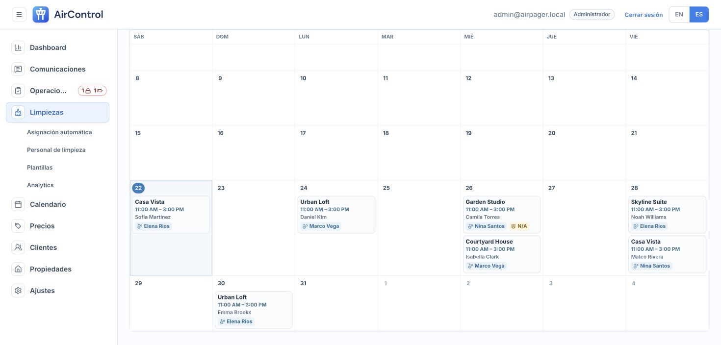 Calendario de AirControl con asignaciones sintéticas.