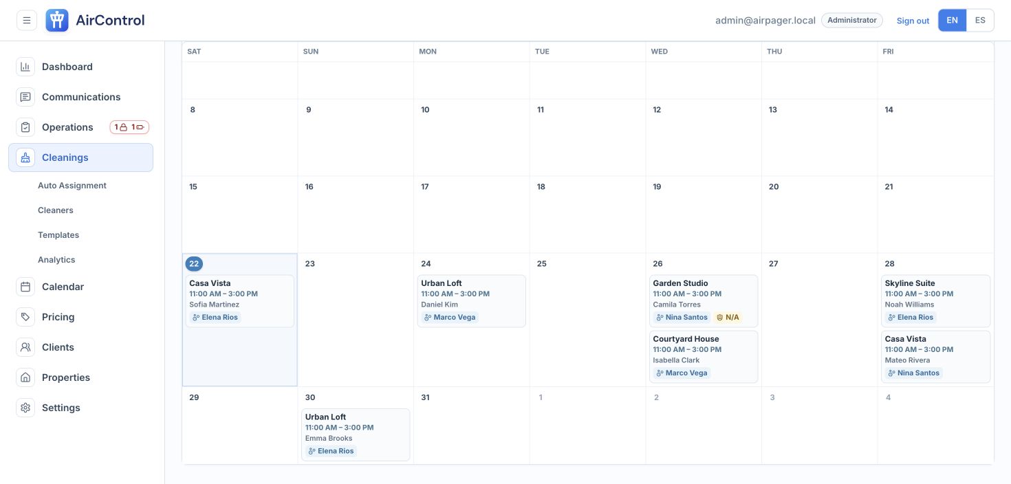 AirControl cleaning calendar with synthetic properties, reservations, and cleaner assignments.