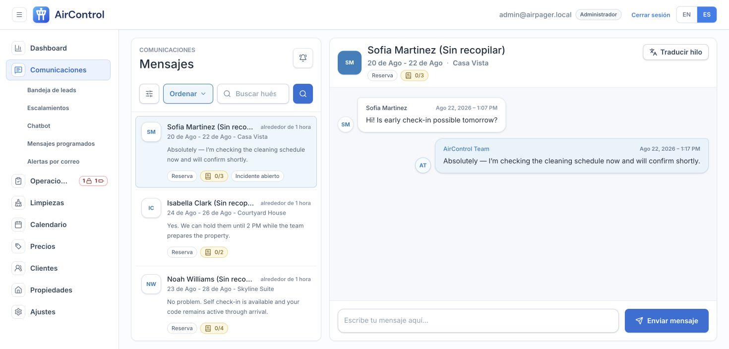 Bandeja de comunicación de AirControl con conversaciones sintéticas.