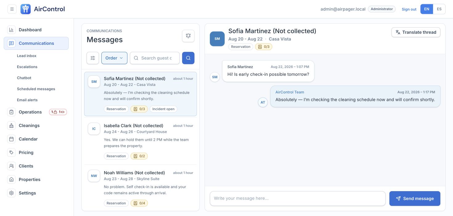 AirControl guest communications inbox populated with synthetic demo conversations.
