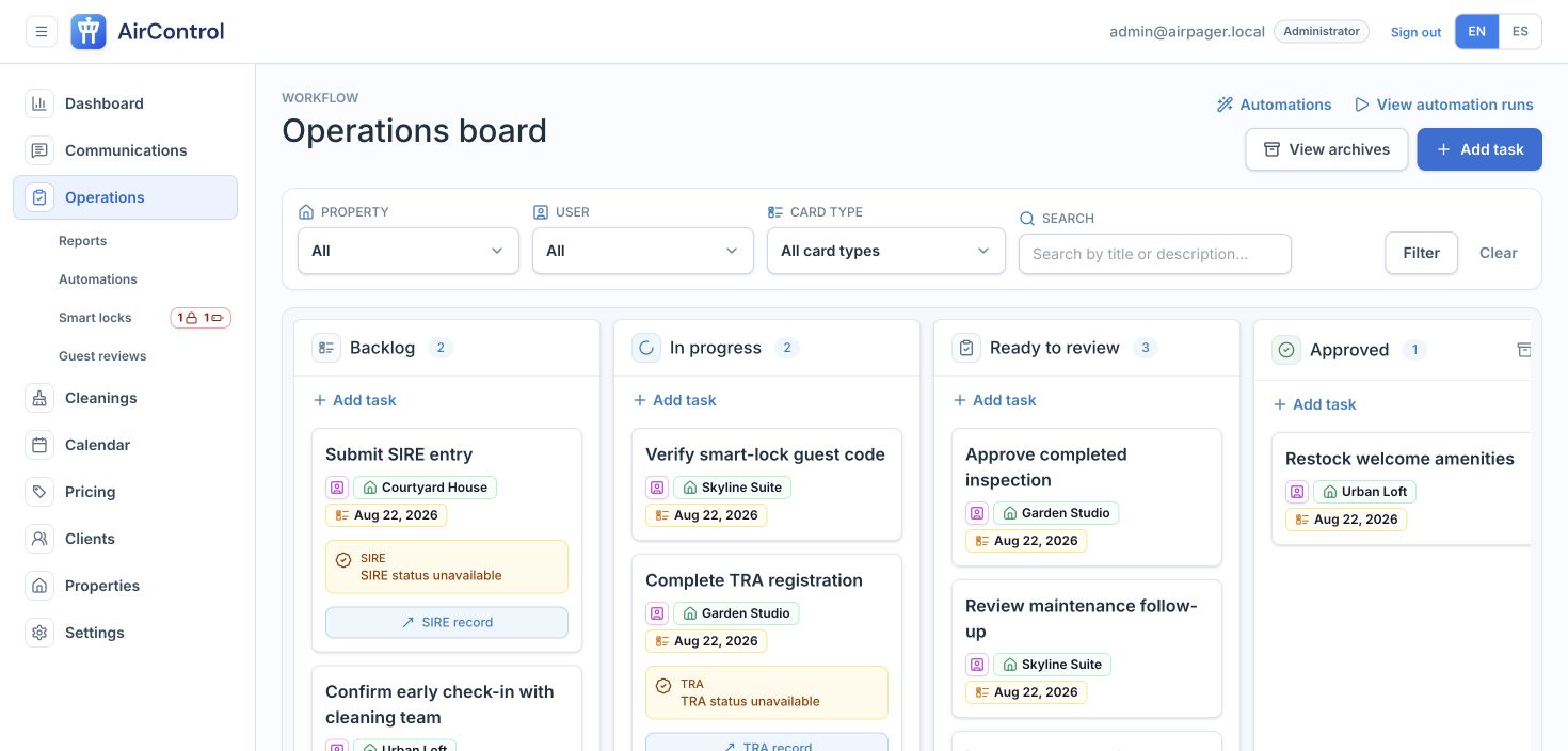 AirControl operations board with demo tasks across four workflow stages.