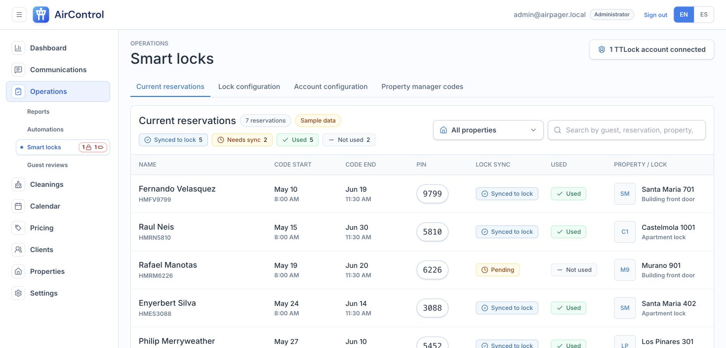 AirControl smart-lock dashboard with synthetic locks, properties, batteries, and gateway states.